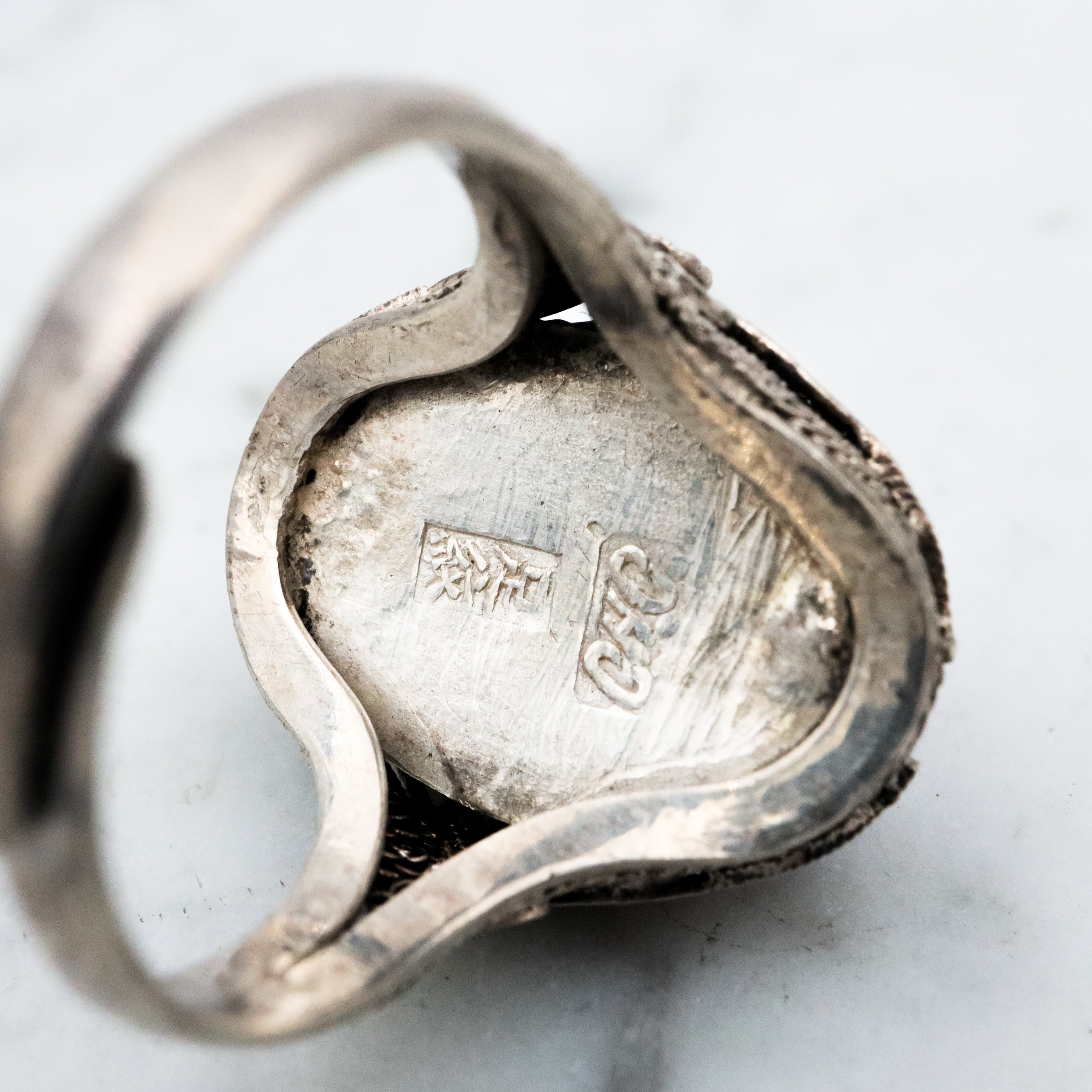 Antique Chinese silver filigree amethyst ring, size 7 adjustable